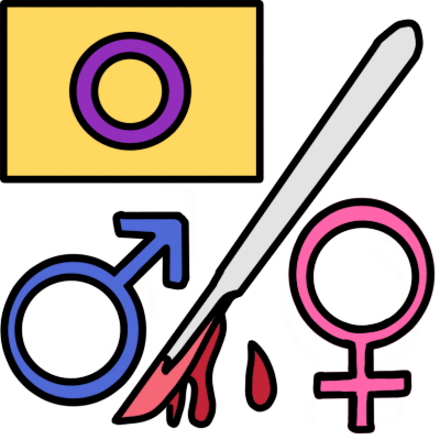 a bloody scalpel separates a blue mars sign and a pink venus sign. an intersex flag is in the top left corner of the image, showing that the rest of the symbol has an intersex context.